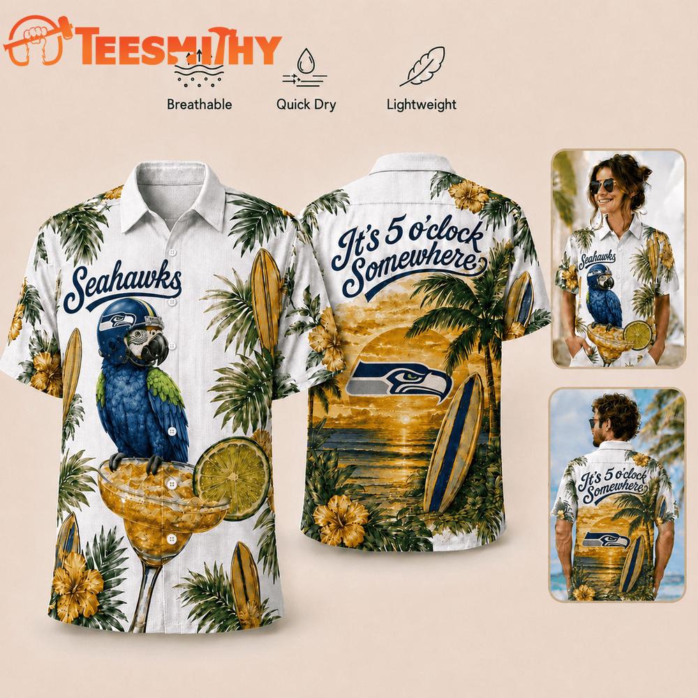 Seattle Seahawks NFL It's 5 O'clock Somewhere Button Up Tropical Parrot Hawaiian Shirt