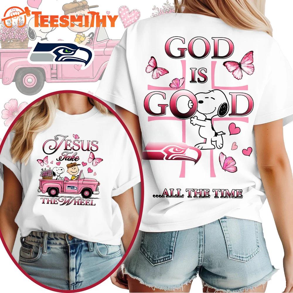 Seattle Seahawks NFL Snoopy Jesus Take The Wheel God Is Good 3D Shirt