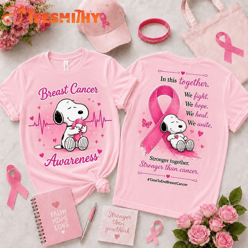 Snoopy Breast Cancer Awareness Stronger Together Pink Ribbon T Shirt
