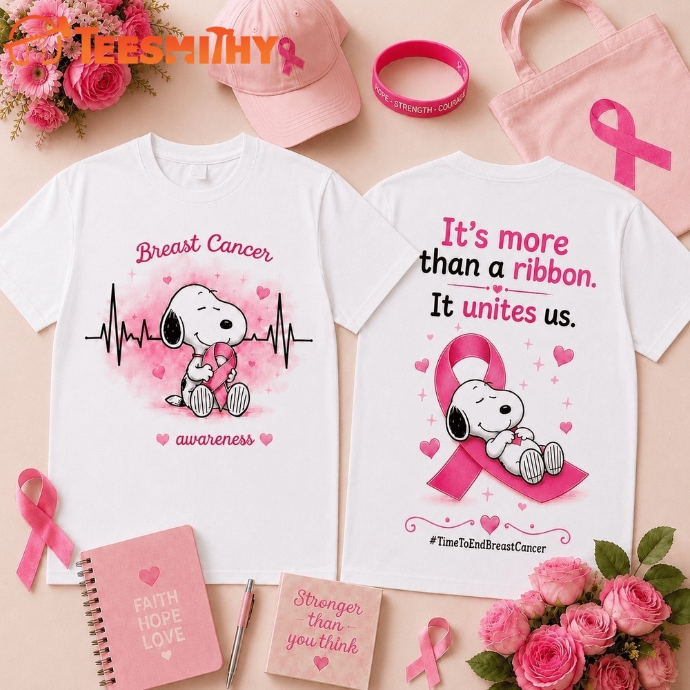 Snoopy Together in Pink Breast Cancer Awareness Ribbon, Heartbeat & Unity Front and Back T Shirt