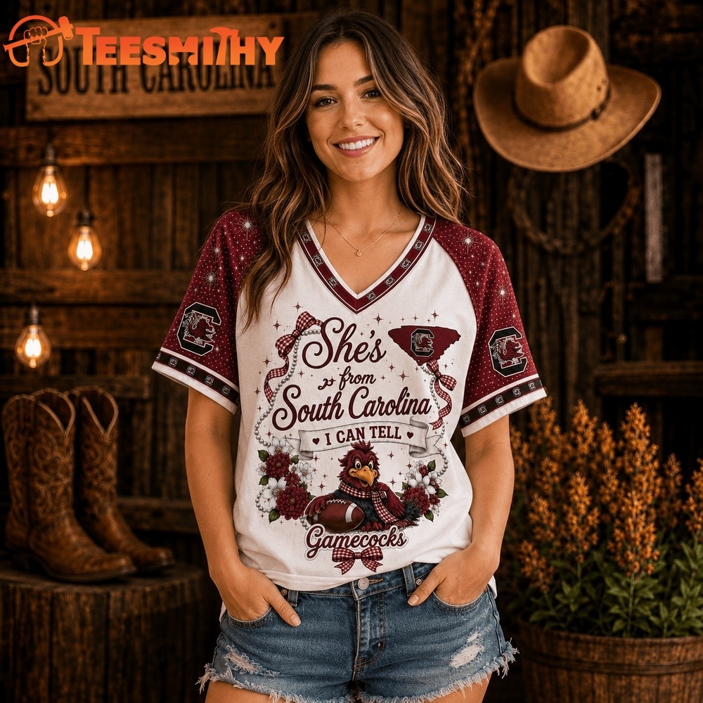 South Carolina Gamecocks NCAA Bow and Floral Team Spirit V Neck T Shirt