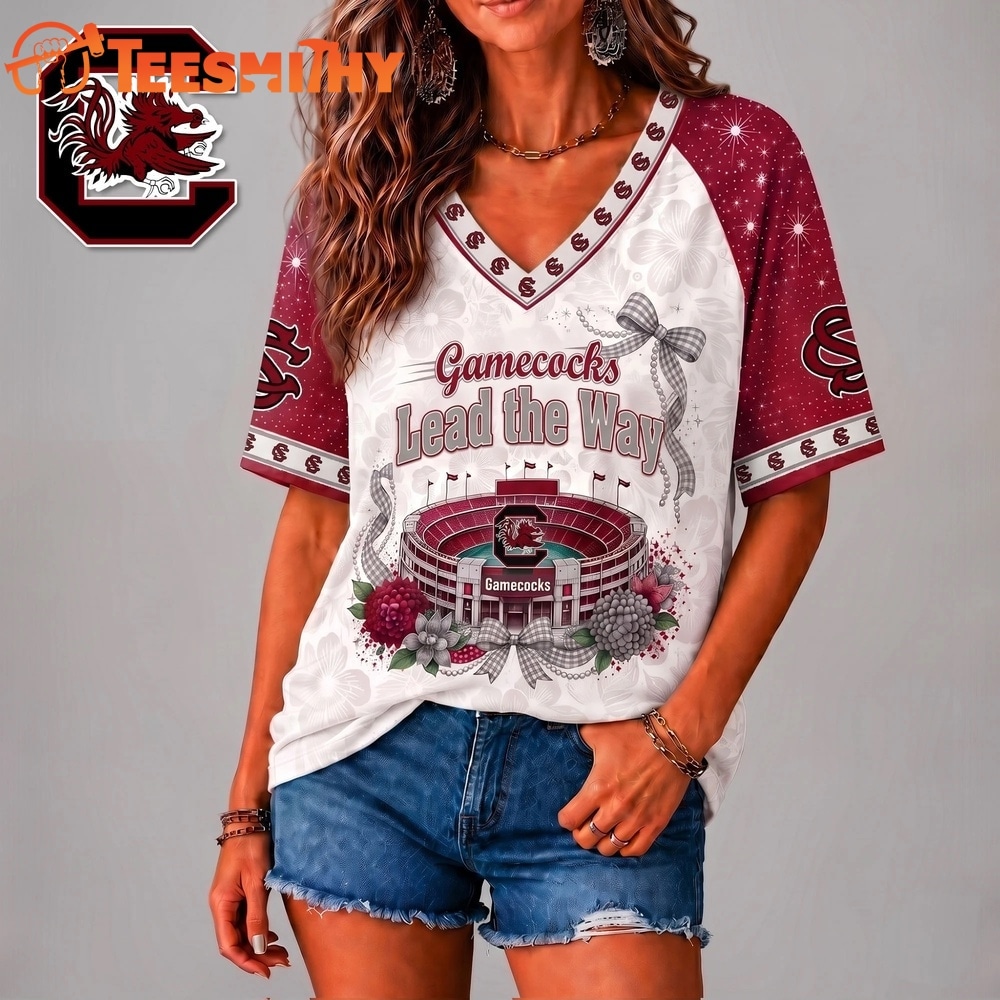 South Carolina Gamecocks NCAA Floral Stadium Bow V Neck 3D T Shirt