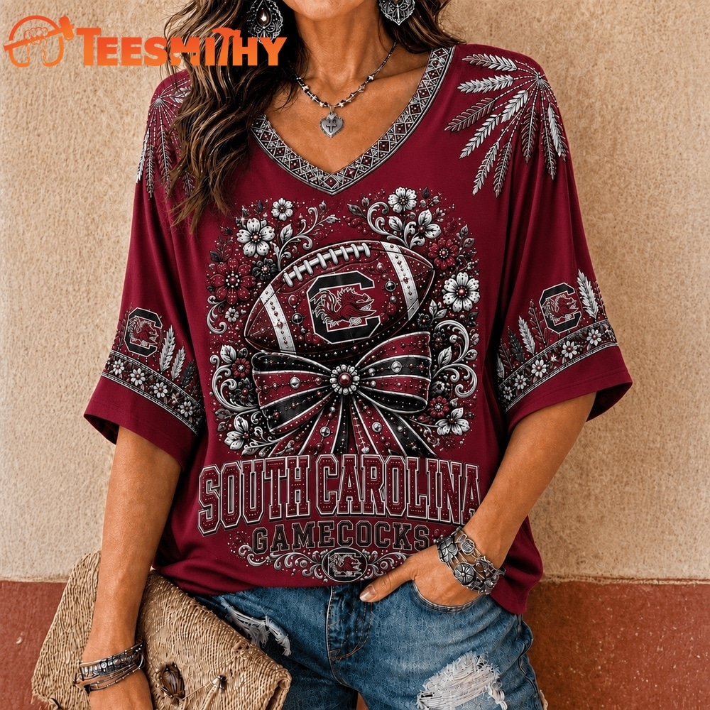 South Carolina Gamecocks NCAA Vintage Floral Bow V Neck T Shirt