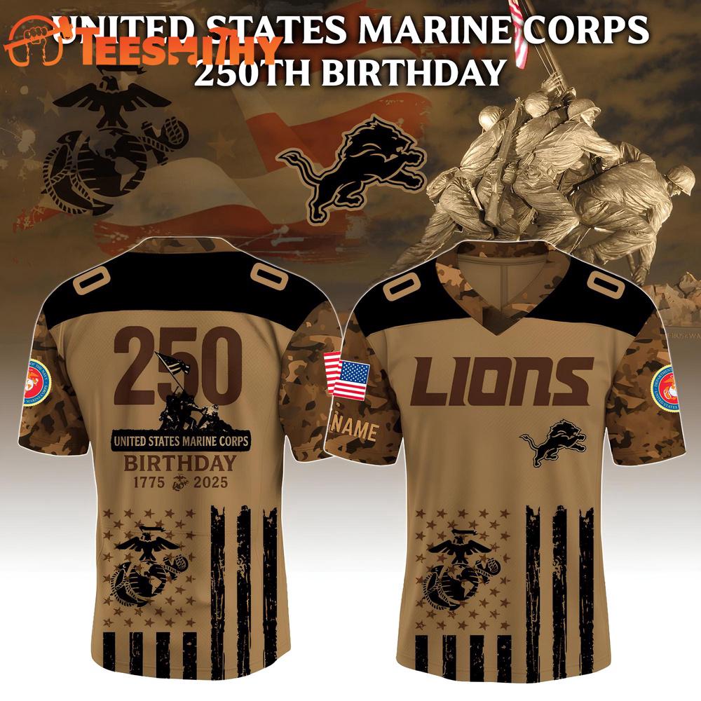 Special Edition 2025 Detroit Lions USMC 250th Birthday Custom Football Jersey
