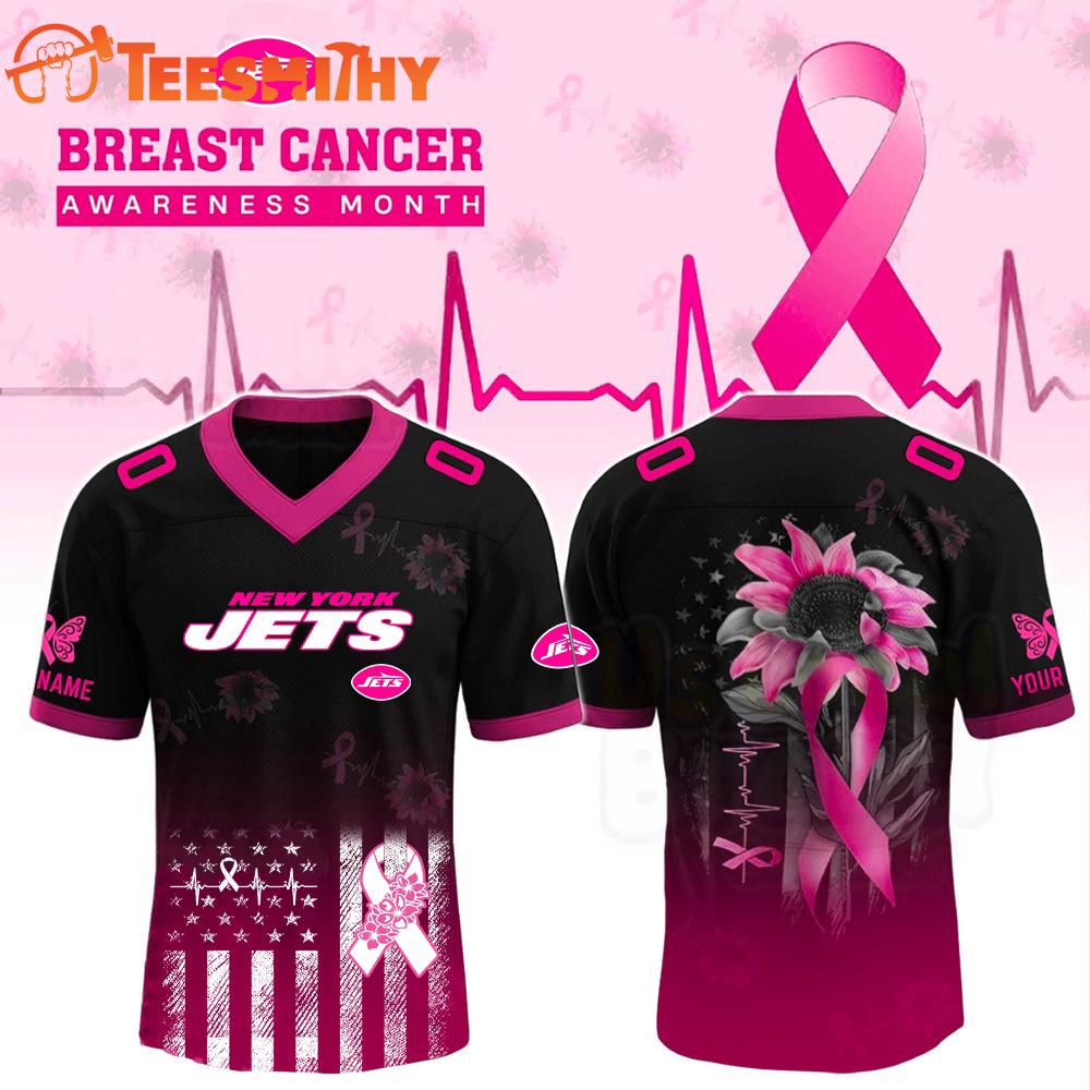 Special Edition 2025 New York Jets x Breast Cancer Awareness Month Black Flag Custom Football Jersey
