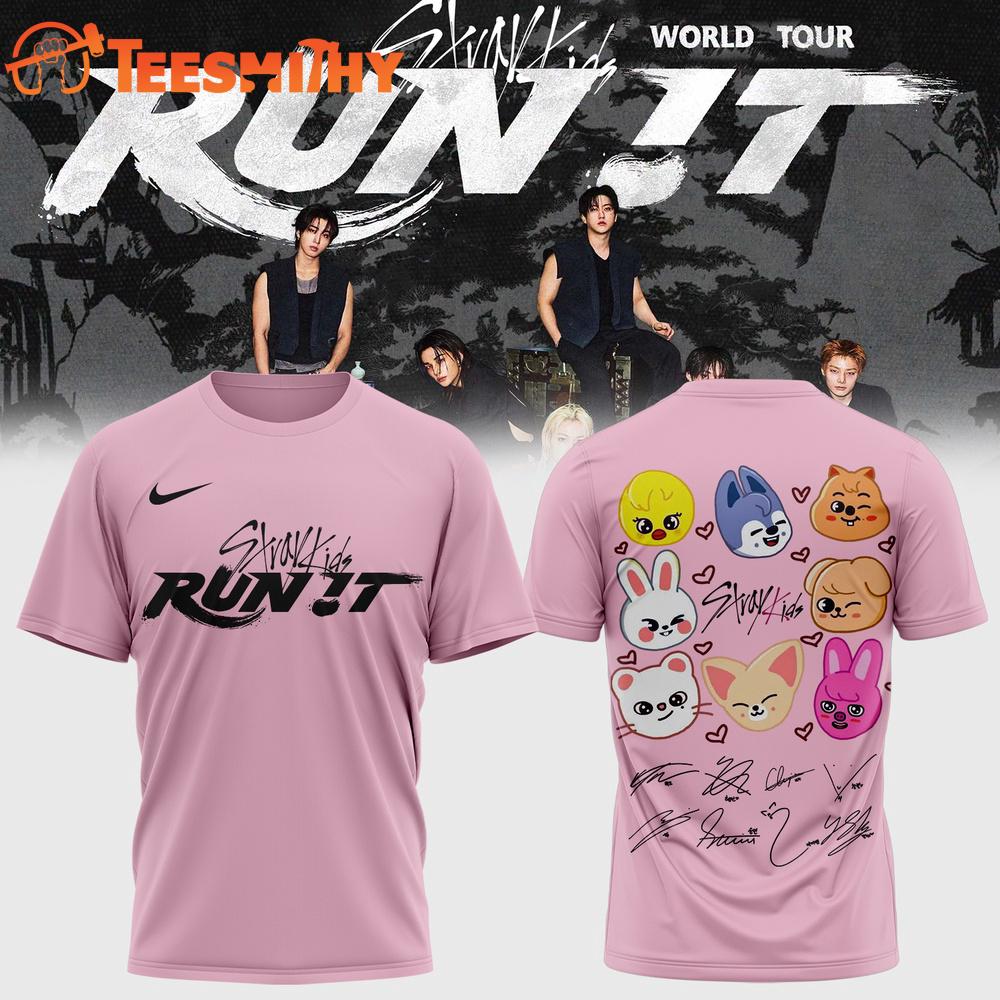Stray Kids World Tour RUN IT Signature 2026 Pink T Shirt
