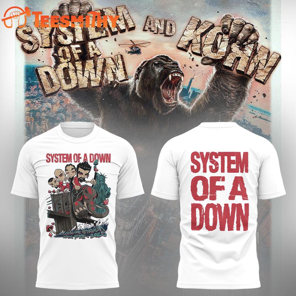 System Of A Down And Korn New York 2025 Tour White T Shirt System Of A Down And Korn New York 2025 Tour White T Shirt