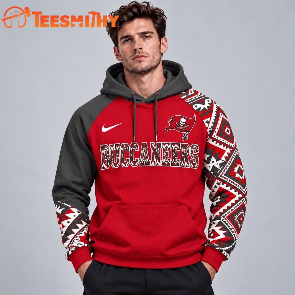 Tampa Bay Buccaneers NFL Aztec Inspired Colorblock Hoodie With Asymmetric Sleeves And Bold Team Lettering