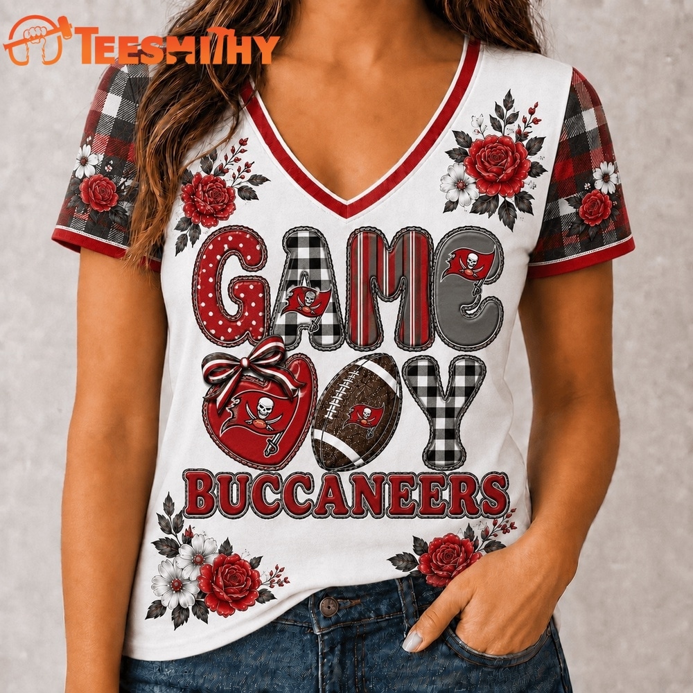 Tampa Bay Buccaneers NFL Football Flowers Team Pride V Neck T Shirt