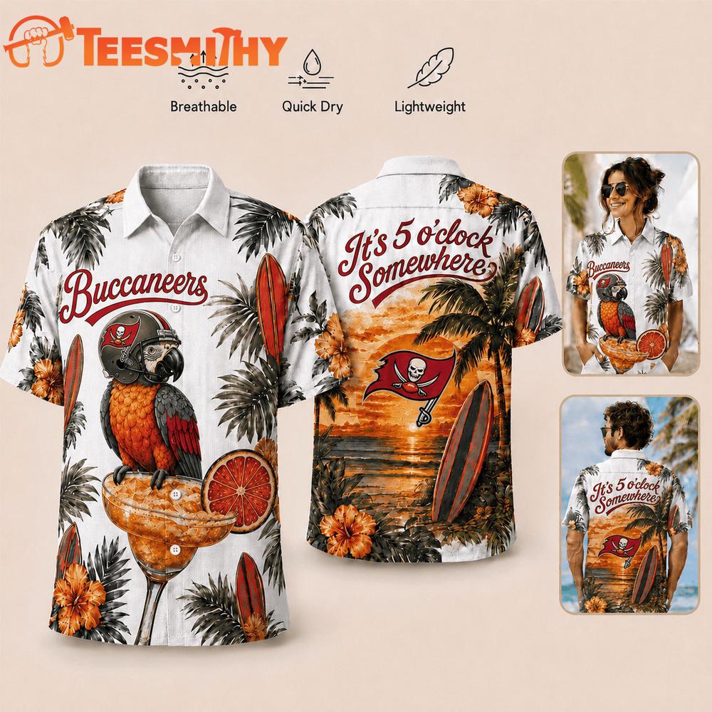Tampa Bay Buccaneers NFL It's 5 O'clock Somewhere Button Up Tropical Parrot Hawaiian Shirt