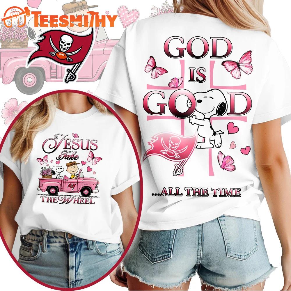 Tampa Bay Buccaneers NFL Snoopy Jesus Take The Wheel God Is Good 3D Shirt
