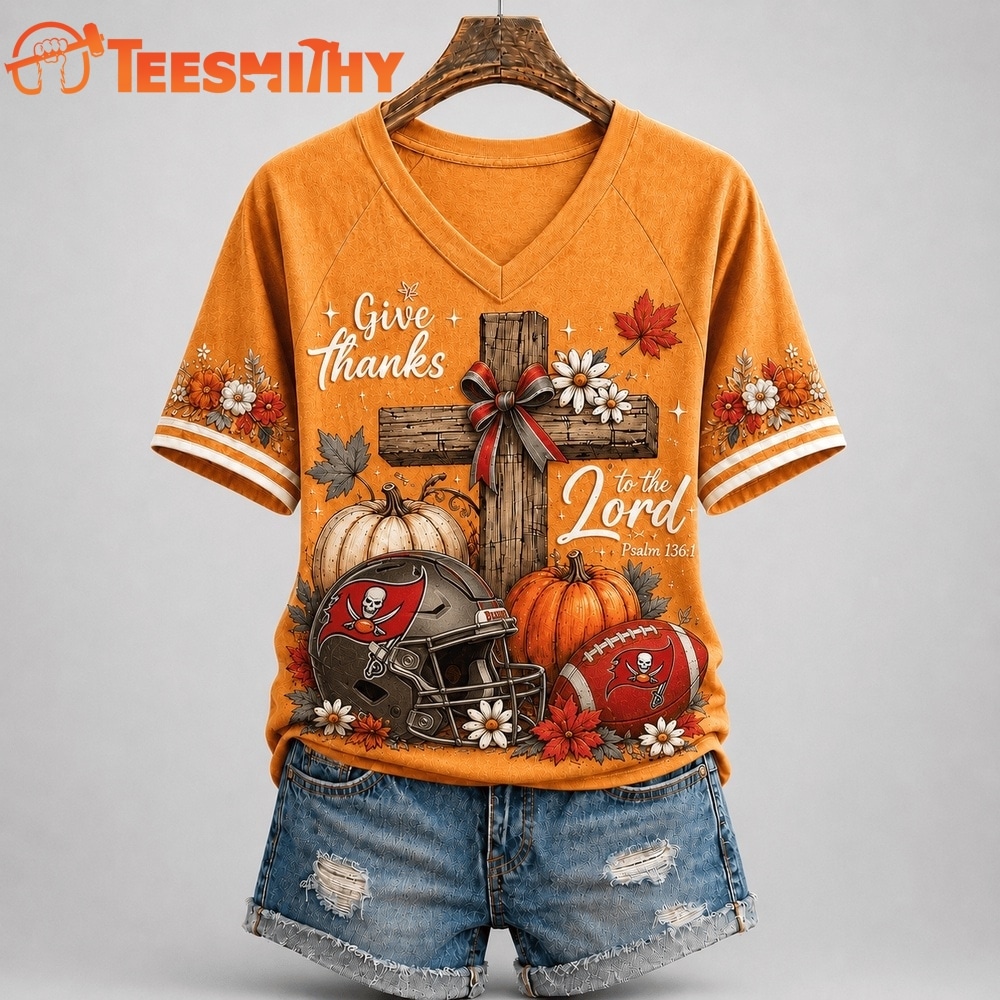 Tampa Bay Buccaneers NFL Thanksgiving Faith And Football V Neck T Shirt