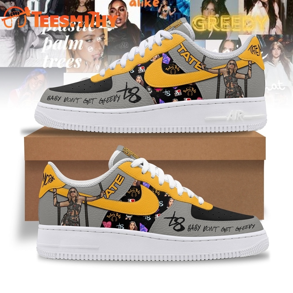 Tate McRae Baby Don't Get Greedy Grey & Yellow Pop Concert Air Force 1 Shoes