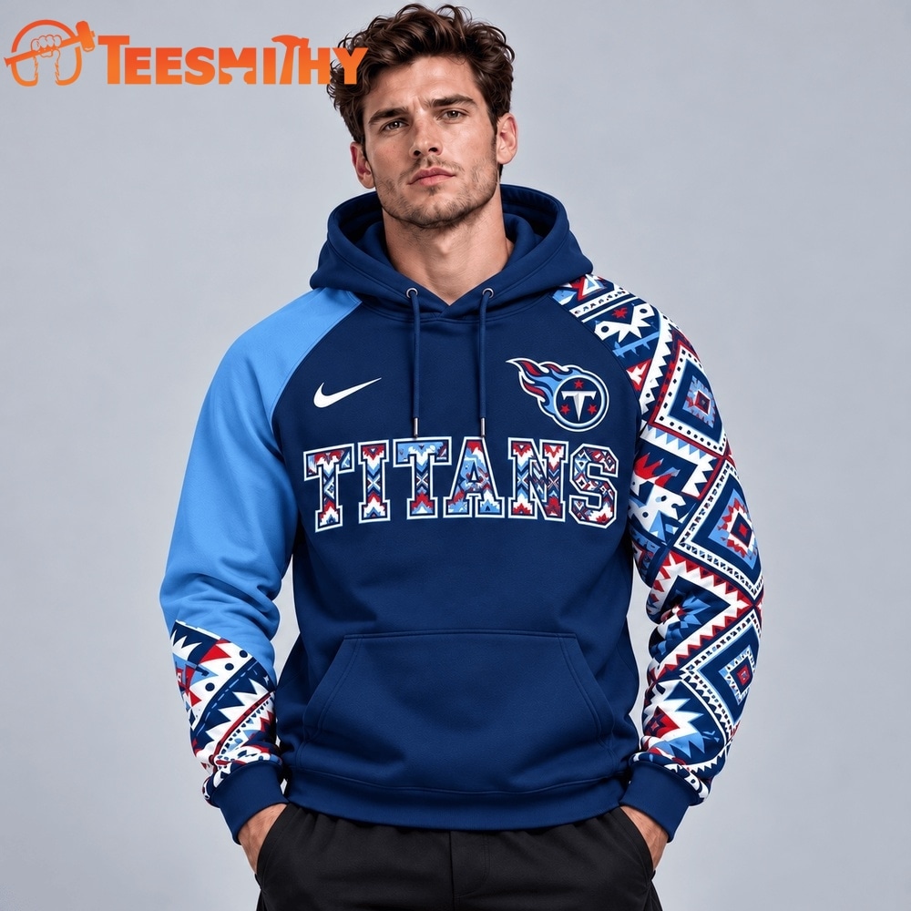 Tennessee Titans NFL Aztec Inspired Colorblock Hoodie With Asymmetric Sleeves And Bold Team Lettering