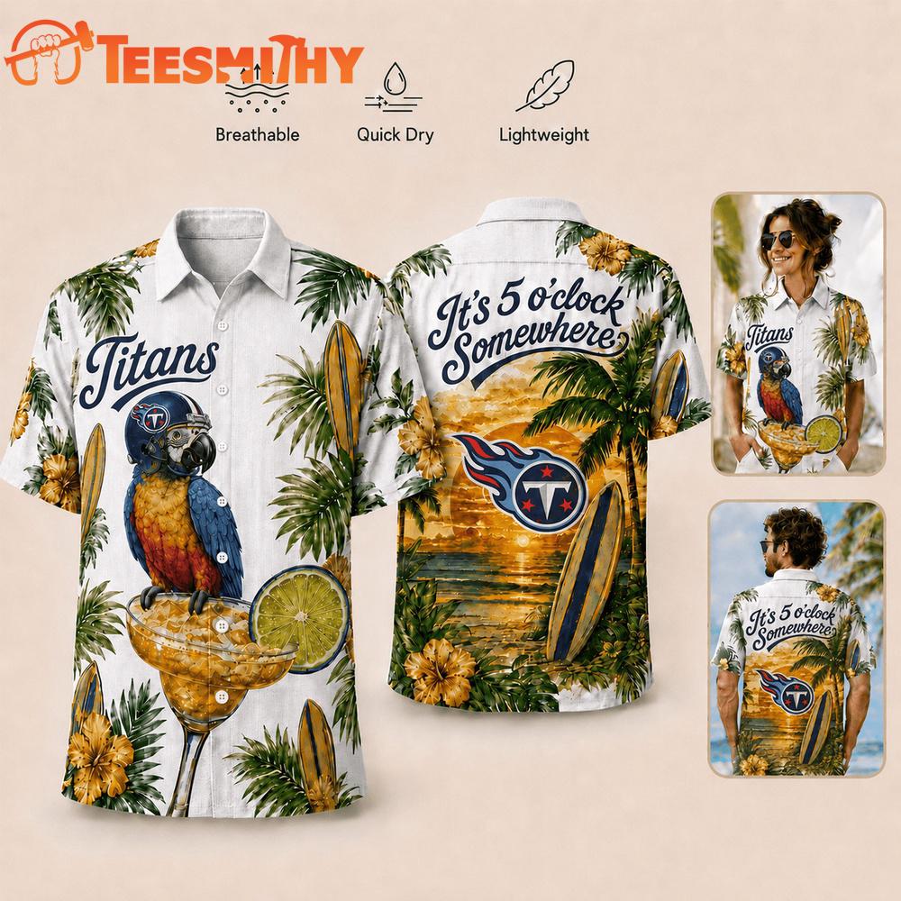 Tennessee Titans NFL It's 5 O'clock Somewhere Button Up Tropical Parrot Hawaiian Shirt