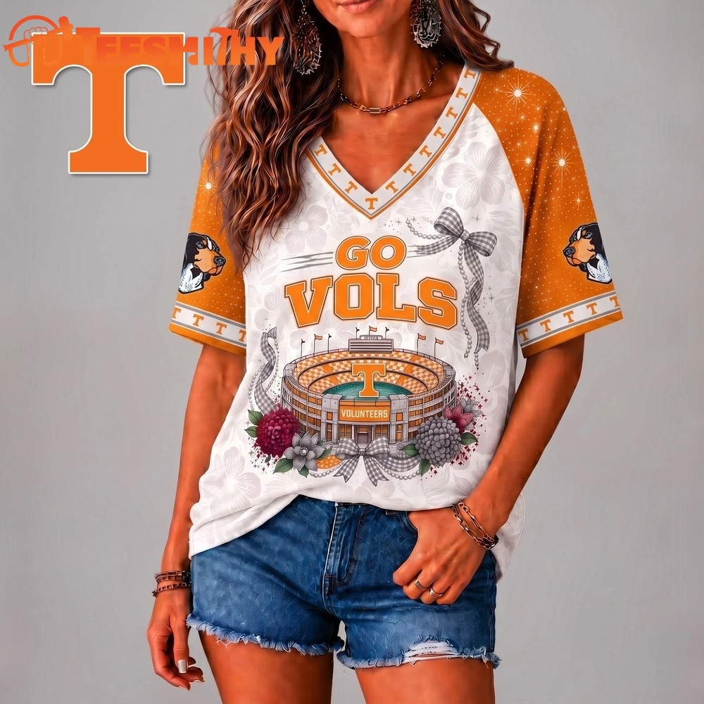 Tennessee Volunteers NCAA Floral Stadium Bow V Neck 3D T Shirt