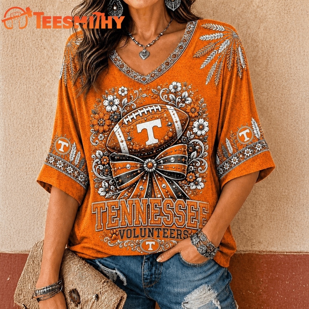 Tennessee Volunteers NCAA Vintage Floral Bow V Neck T Shirt