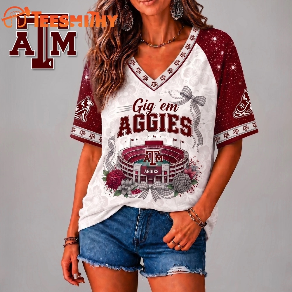 Texas A&M Aggies NCAA Floral Stadium Bow V Neck 3D T Shirt
