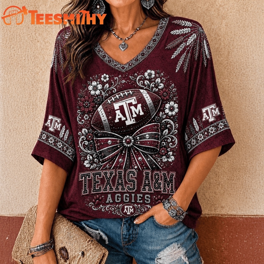 Texas A&M Aggies NCAA Vintage Floral Bow V Neck T Shirt