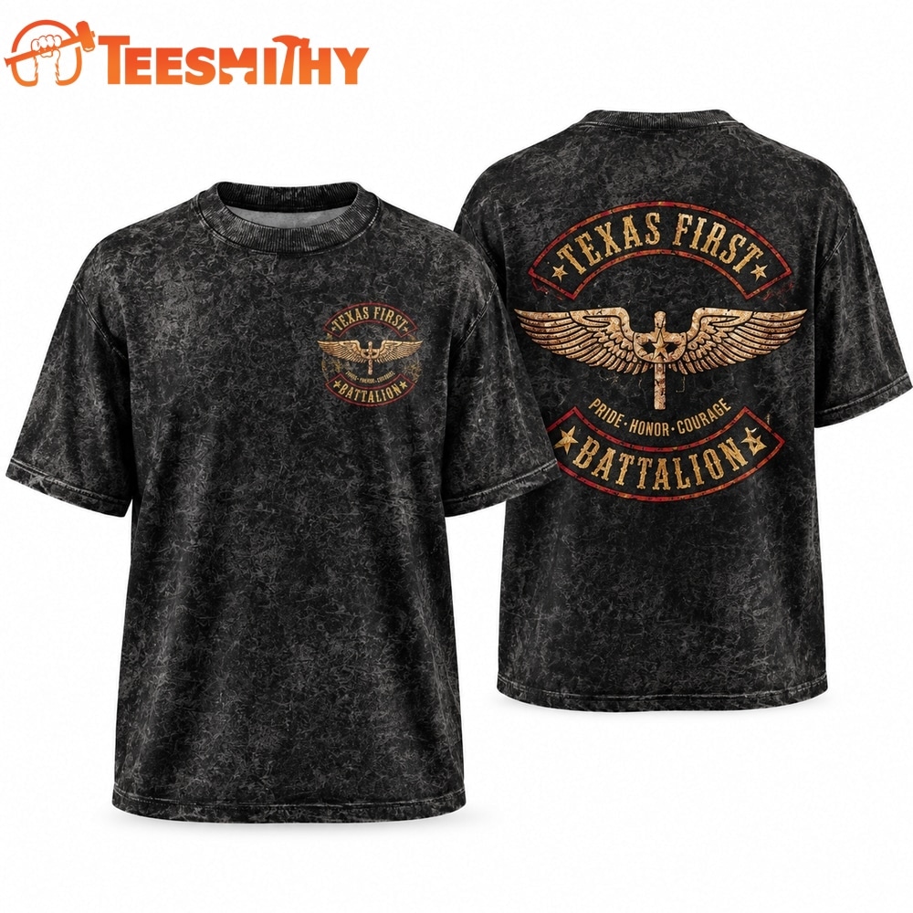 Texas First Battalion Military Style Winged Star Cross Graphic Vintage T Shirt