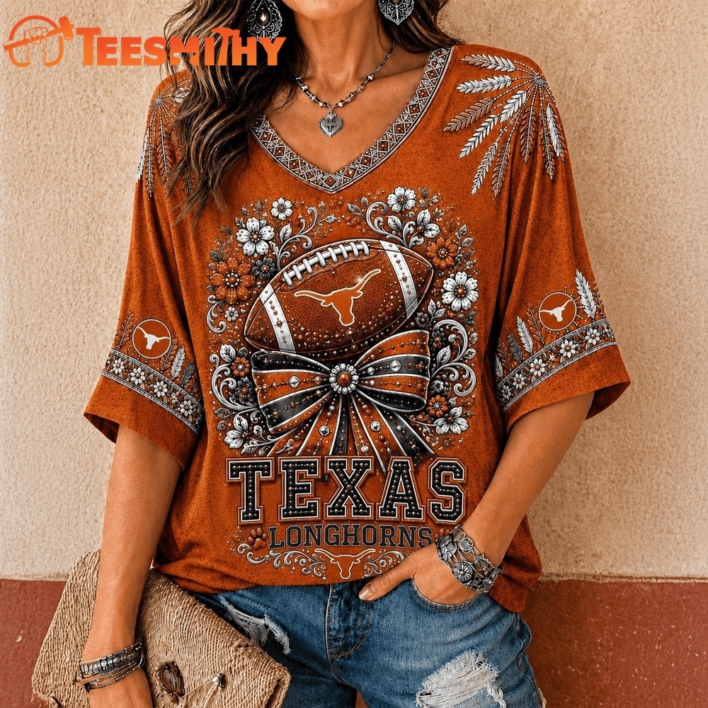 Texas Longhorns NCAA Vintage Floral Bow V Neck T Shirt