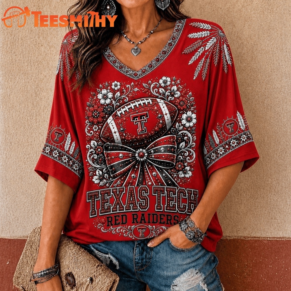Texas Tech Red Raiders NCAA Vintage Floral Bow V Neck T Shirt