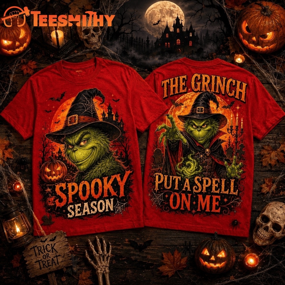 The Grinch Witch Hat Orange Moon Halloween Spooky Season 3D Shirt