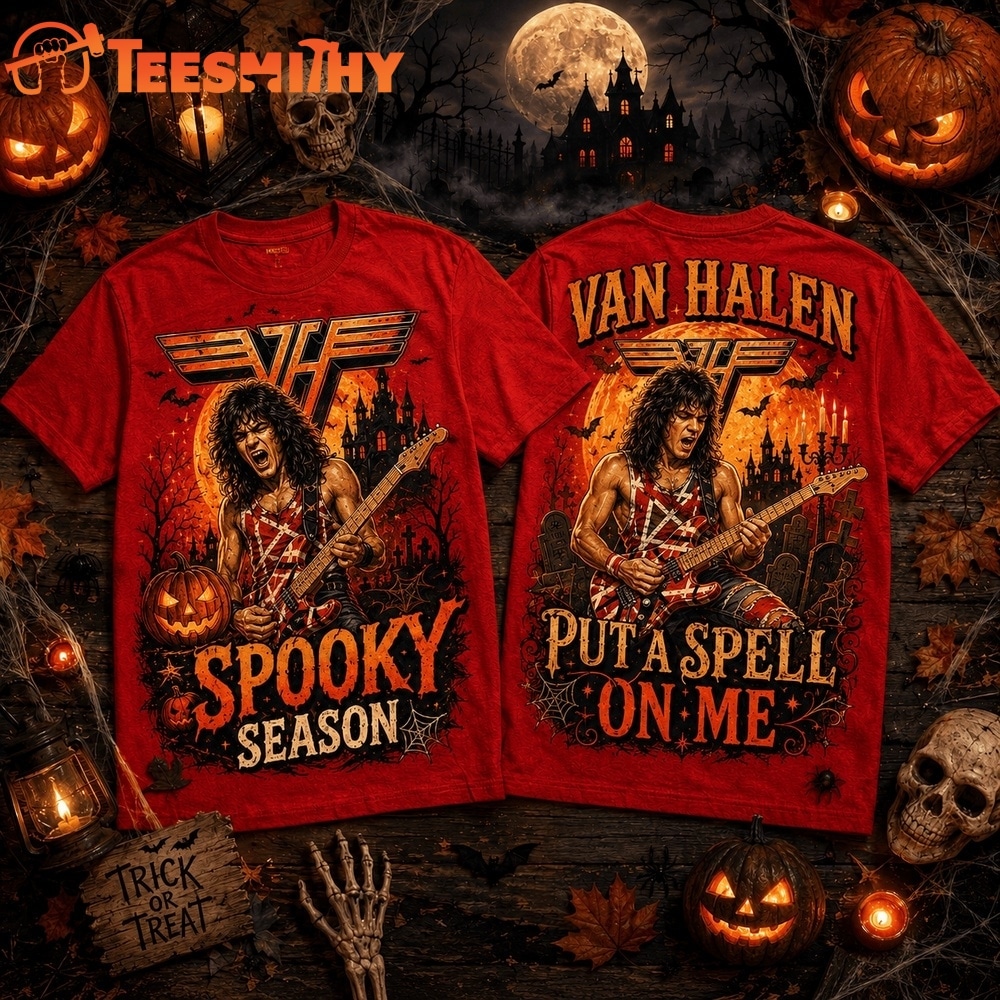 Van Halen Striped Guitar Halloween Moon Spooky Season 3D Shirt
