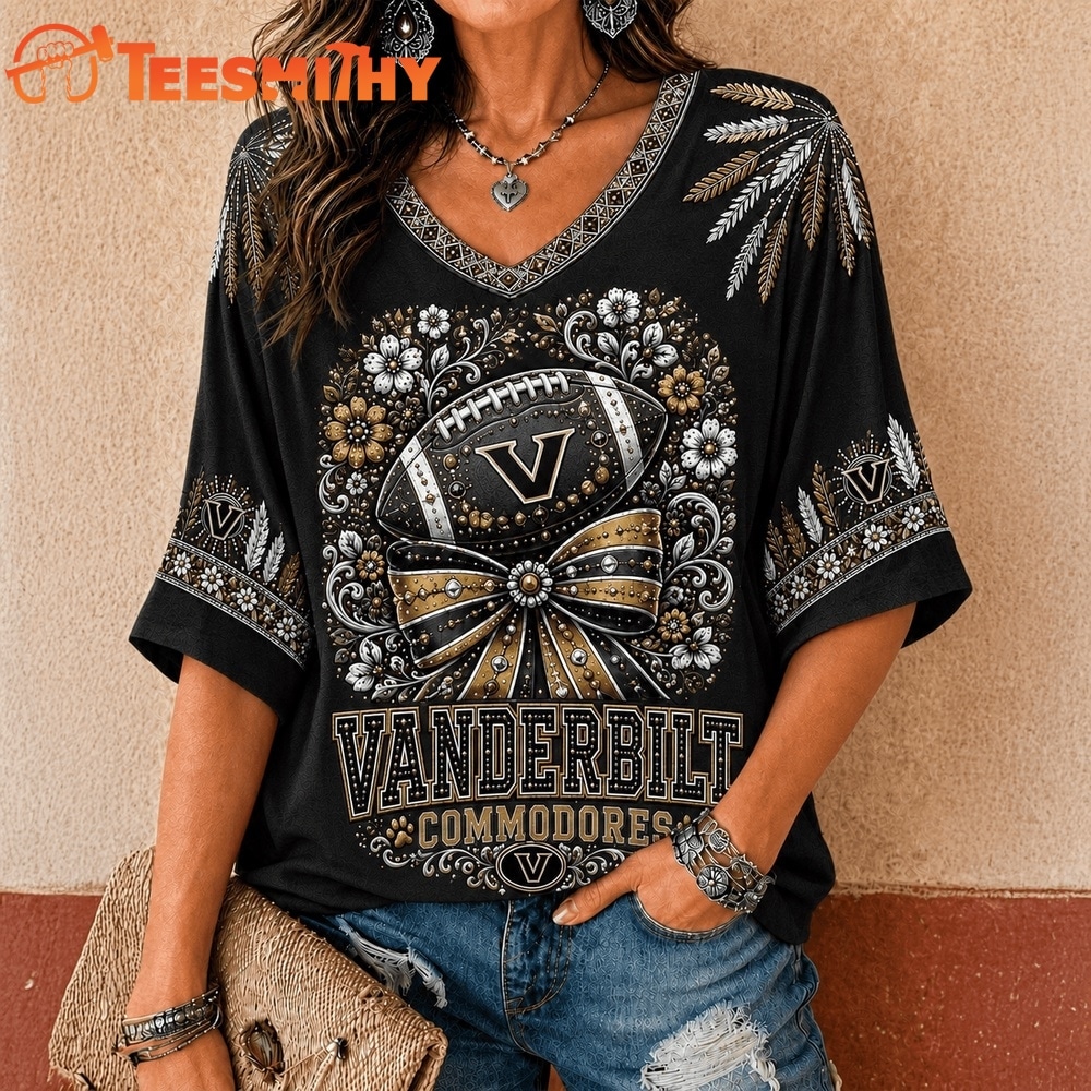Vanderbilt Commodores NCAA Vintage Floral Bow V Neck T Shirt
