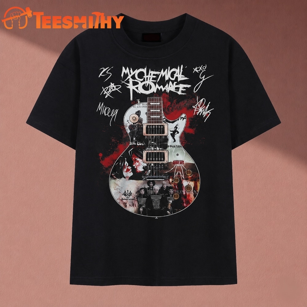 Vintage My Chemical Romance Band Signatures Guitar Collage T Shirt