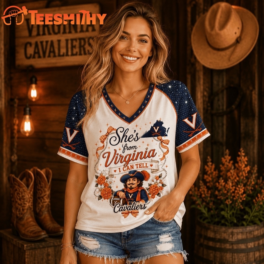Virginia Cavaliers NCAA Bow and Floral Team Spirit V Neck T Shirt