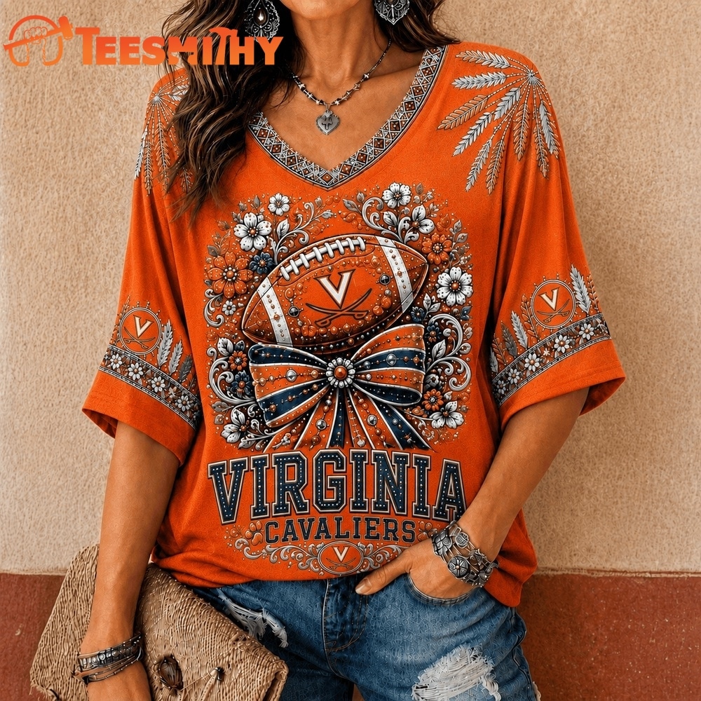 Virginia Cavaliers NCAA Vintage Floral Bow V Neck T Shirt