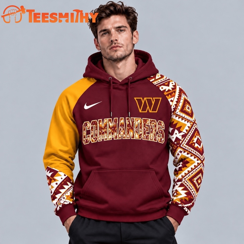 Washington Commanders NFL Aztec Inspired Colorblock Hoodie With Asymmetric Sleeves And Bold Team Lettering