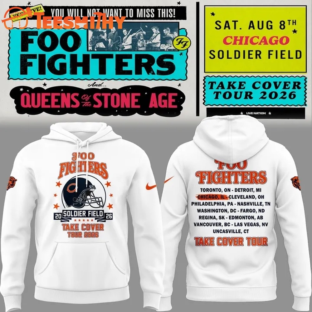 White Hoodie Chicago Bears x Foo Fighters, Take Cover Tour 2026 Hoodie