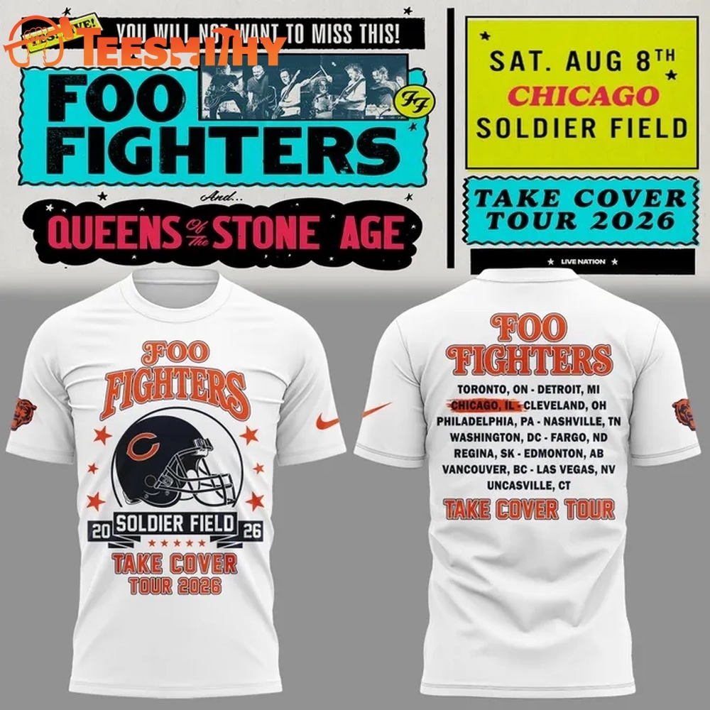 White Shirt Foo Fighters x Chicago Bears, Take Cover Tour 2026 T Shirt