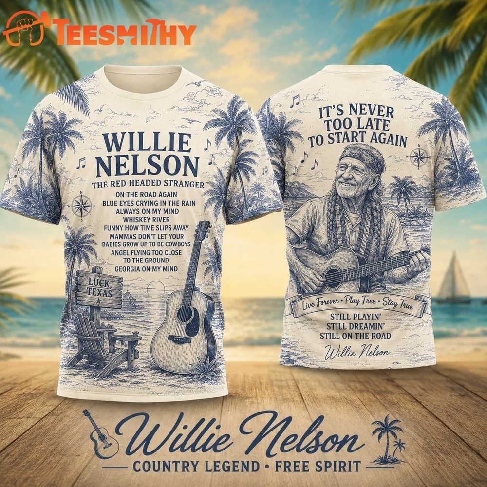 Willie Nelson Palm Trees Acoustic Guitar Lyric 2026 Vintage 3D Shirt