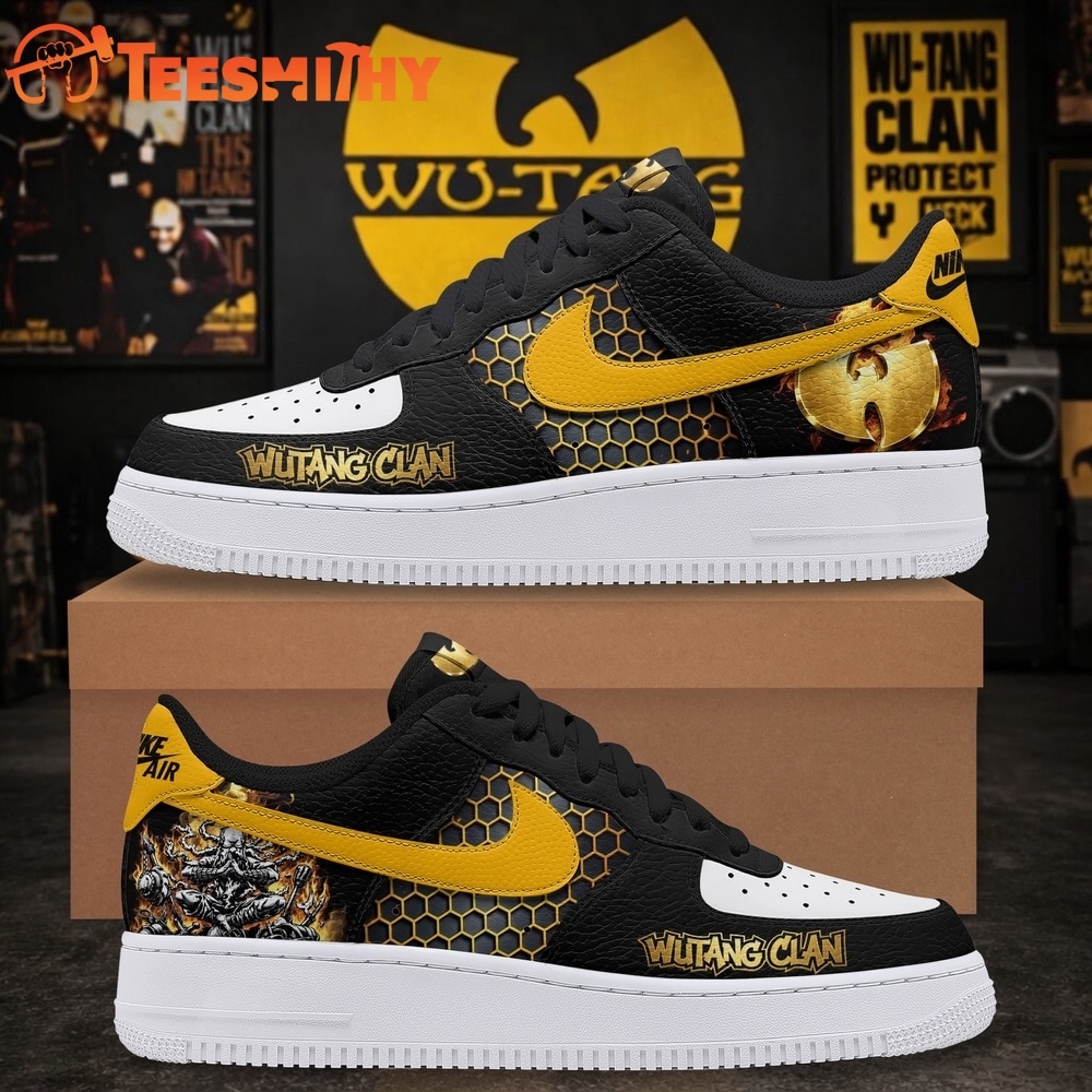 Wu Tang Clan Hip Hop Custom Air Force 1 Shoes, Black & Yellow Honeycomb Graphic Sneakers